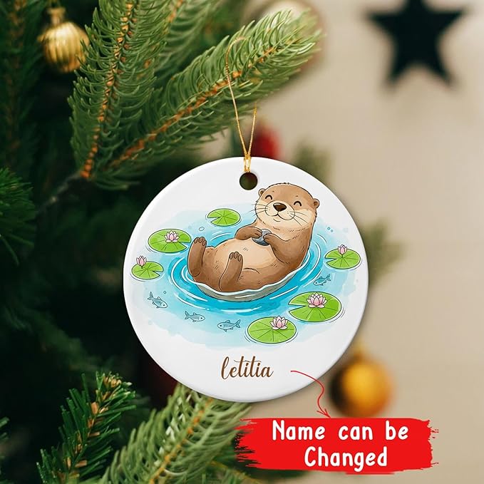 Personalized Funny Otter Xmas Tree Ornament, Otters Animal Ornaments, Animal Enthusiast Gift for Christmas Holiday, Customized Otter Ceramic Ornament with Name, Otters Lovers Keepsake Decoration