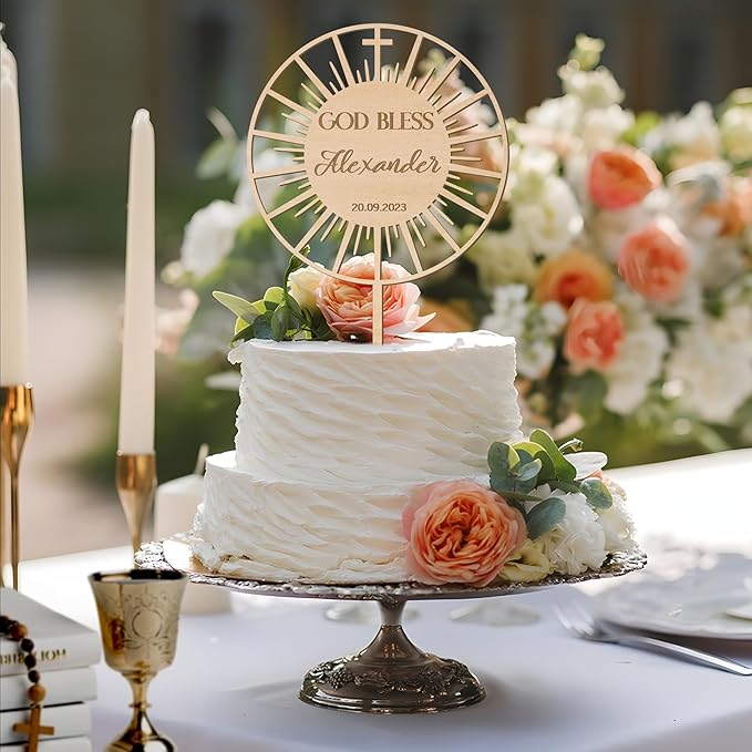 Personalized Baptism Cake Topper in Wood Custom Name & Date God Bless Cake Topper Decoration (Design 01)