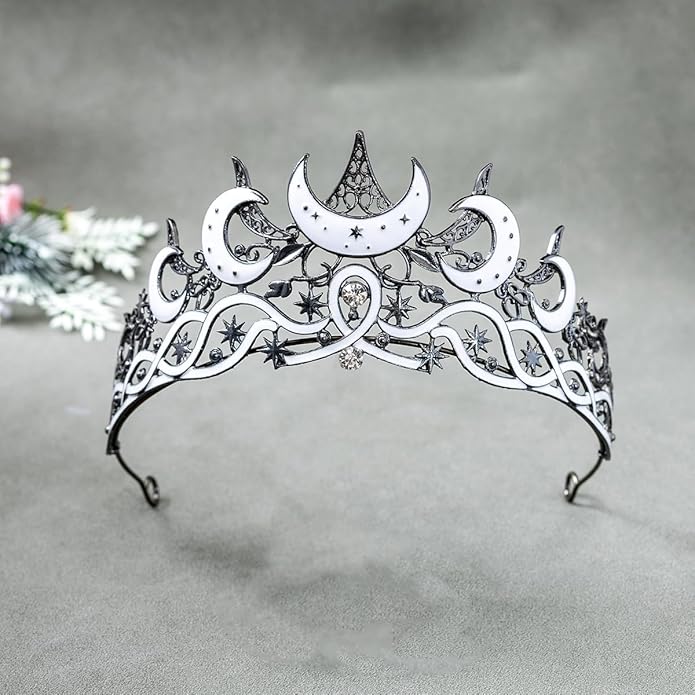 Gothic Black Moon Star Tiara Crown for Women Girls, Retro Celestial Witch Headpiece with Crescent Moon and Stars, Costume Cosplay Halloween Party Prom Wedding Birthday Accessories