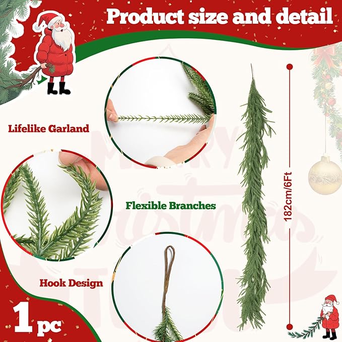 6Ft Artificial Norfolk Pine Garland Realistic Green Faux Greenery Garland for Christmas Table, Fireplace, Mantle, Window, Stairs, Indoor, Outdoor Holiday Decor（1PCS）