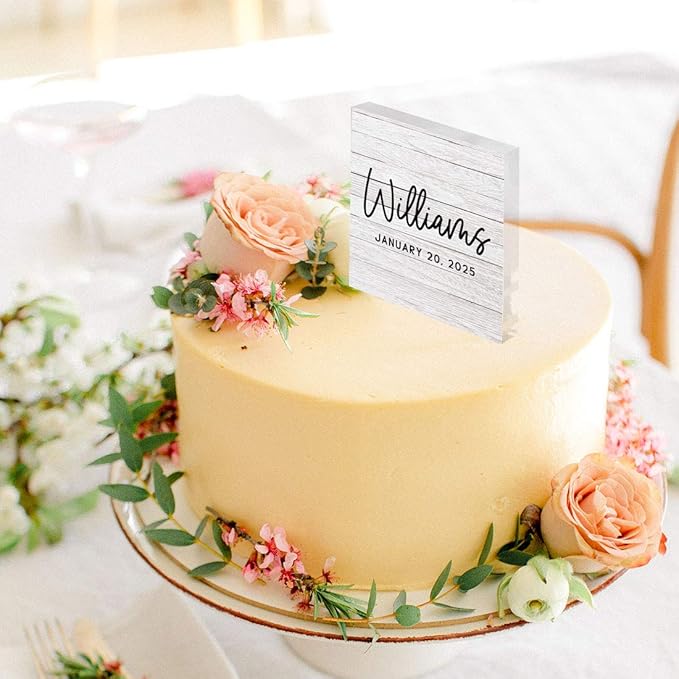 Andaz Press Distressed Whitewash Wood With Date Custom Wedding Cake Topper, Acrylic Square Personalized Couple Cake Topper