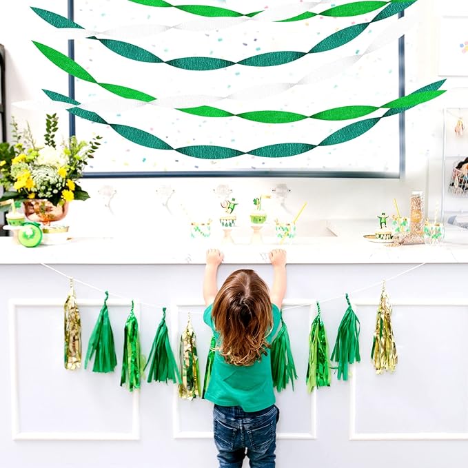 Green-White Birthday Party-Decorations Crepe-Paper Streamers - 9 Rolls Jungle Theme Paper Garland Streamer St. Patrick's Day Neutral Baby Shower Sping Summer Forest Backdrops Decor Panduola