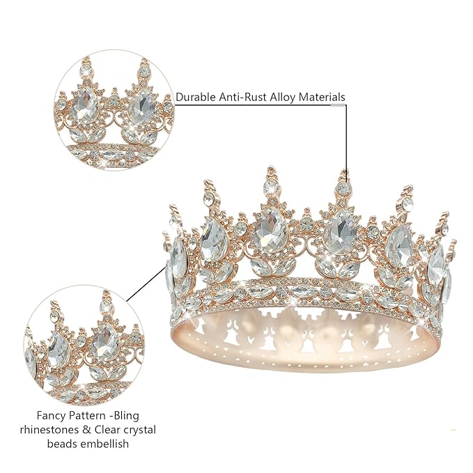 Queen Rhinestone Wedding & Bridal Crowns - Rose Gold & White Tiaras for Women - Costume Party & Princess Birthday Accessories