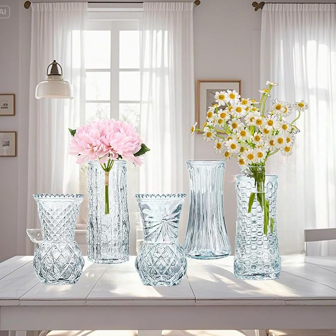 Glass Bud Vase Set of 5: Eylkoi Clear Vases for Centerpieces Decorative, Vintage Embossed in Bulk Crystal Textured Cute, Wedding Decor Mini Flower Floral Vase for Rustic Wedding, Home Table, Party