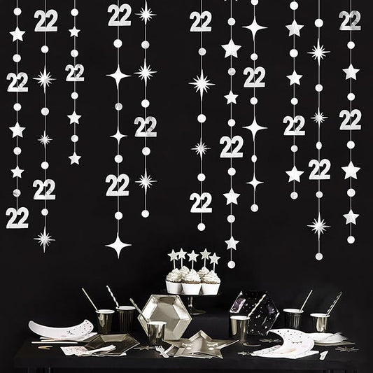 Silver 22nd Birthday Decorations Number 22 Circle Dot Star Garland Streamer Bunting Banner Backdrop for Women Mens Feeling 22 Twenty Two Years Old Birthday Happy 22th Anniversary Party Supplies