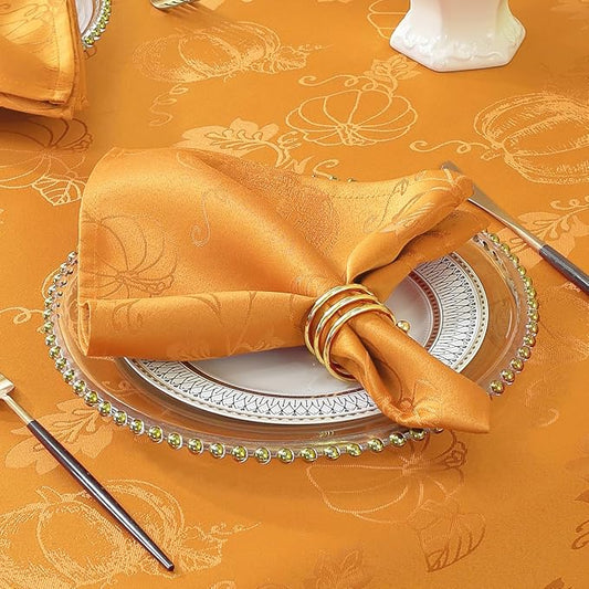 SASTYBALE Thanksgiving Cloth Napkins Washable, Jacquard Napkins with Pumpkins and Vines Design, 4 Pieces Napkins Set for Fall Harvest Holidays Party (Square, 20" x 20", Amber)