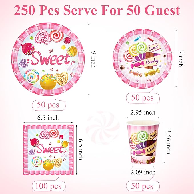 250 Pcs Candyland Party Decorations Sweet Candy Lollipop Paper Plates Cups and Napkins Disposable Halloween Sweet Candy Themed Tableware Set for Baby Shower Birthday Party Supplies Serves 50
