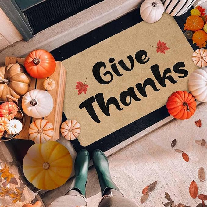 InterestPrint Fall Thanksgiving Welcome Door Mat, Give Thanks Doormat for Front Door Outdoor Outside Entrance Porch Non Slip Rubber Rug Autumn Thanksgiving Christmas Farmhouse Decor, 24"x16"inch