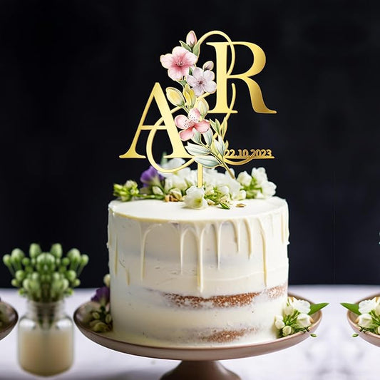 Personalized Spring Wedding Cake Topper in Acrylic Custom Bride and Groom Initial Cake Topper Wedding Date Cake Decoration (Spring Flowers)