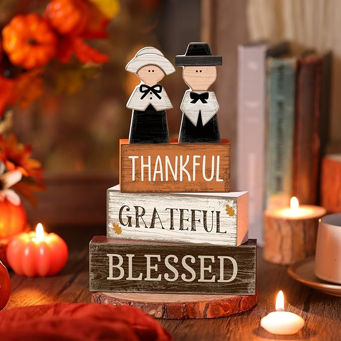 4 Pcs Thanksgiving Table Decoration Wooden Pilgrim Couple Decor Thanksgiving Tiered Tray Decor Fall Centerpiece Rustic Decorative Pilgrim Block Signs Gift Farmhouse for Home Kitchen