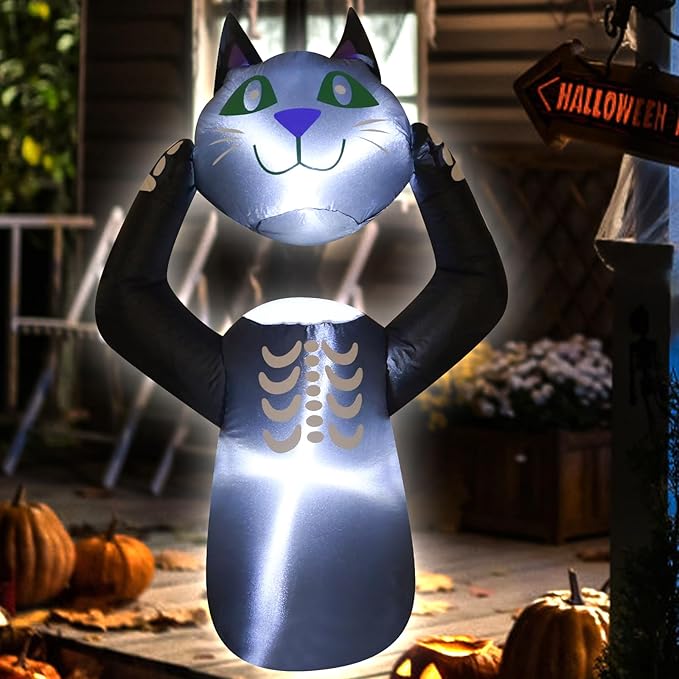 4FT Cat Holding Its Own Head Halloween Inflatable Decoration Blow Up Decor with LED Lights Indoor Outdoor Yard Graden Halloween Party Holiday Decoration