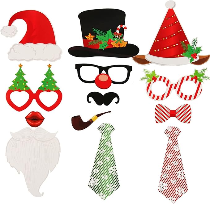 SUNBEAUTY 28 PCS Christmas Photo Booth Props Christmas Party Supplies Selfie Holiday Photo Booth Props Perfect for Family Gatherings, Parties & Holiday Events