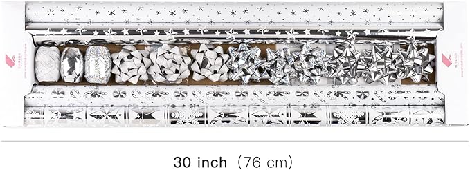 WRAPAHOLIC Silver Christmas Wrapping Paper Set - Silver Snowflakes and Candy Cane Holiday Collection with Metallic Foil Shine Wrapping Paper Bundle with Gift Bow & Ribbon & Tag & Sticker