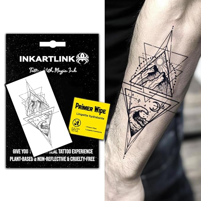 INKARTLINK Semi Permanent Tattoo, Temporary Tattoo,geometric pattern, gift for cool boys, adult art design, party favor, waterproof, realistic, no adhesive, no reflective (Sun Moon Mountain River)