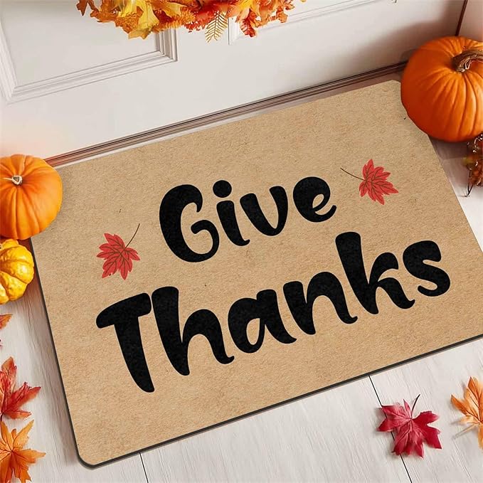 InterestPrint Fall Thanksgiving Welcome Door Mat, Give Thanks Doormat for Front Door Outdoor Outside Entrance Porch Non Slip Rubber Rug Autumn Thanksgiving Christmas Farmhouse Decor