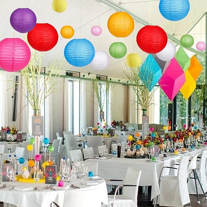 Paper Lanterns Decorative, Round Hanging Paper Lanterns for Wedding Rainbow Birthday Party Mexican Fiesta Decorations Colorful 15pcs