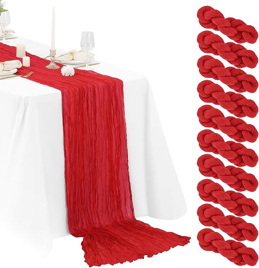 10 Packs Cheesecloth Table Red, 10Ft x 35" Rustic Gauze Boho Wedding Table Runner Decoration, Wedding Table Decor Table Cloth for Wedding Party Bridal Shower Table