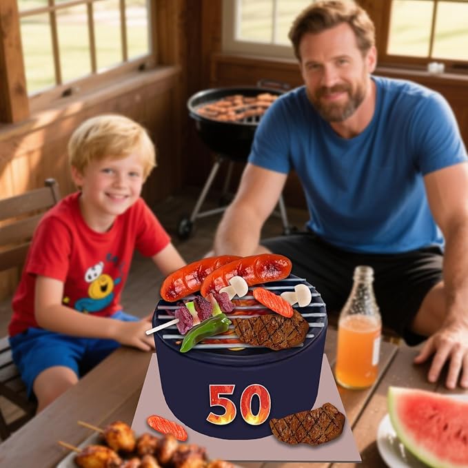 9 PCS BBQ Cake Topper Happy 50 Birthday Barbecue Decorations with Artificial Kebab and Hot Dog for Boys Girls Birthday Party Picnic Camping BBQ Theme Party Supplies