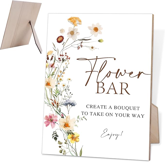 Flower Bar Sign, Wedding Decorations for Reception, Bridal Shower Party Decorations, Table Centerpieces for Party, Flower Bar Supplies, 6X8 Inch Wooden Bridal Shower Signs with Stand, 3