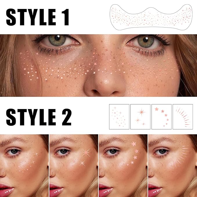 20PCS Glitter Freckles, Glitter Freckles Face Tattoo, Sparkle Freckles for Women and Kids, Cute Star Waterproof Rose Gold Temporary Face Tattoos Glitter Glow Up Patches Makeup Patches (Rose Gold)