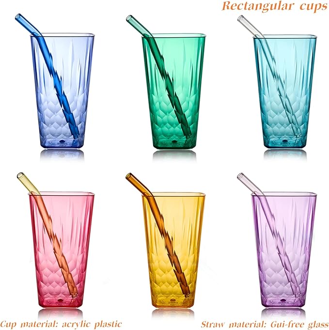 superplanet™ 20 oz Square Plastic Water Cups, Mixed colors (6-pack), unbreakable/BPA-free, with straw, stackable, reusable Acrylic Drinking Cups, suitable for iced tea, milkshakes, and cocktails