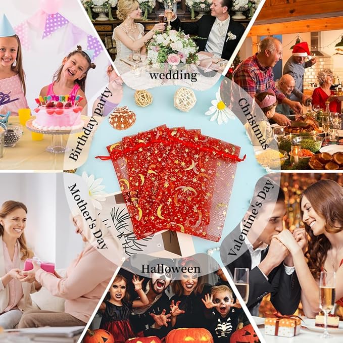 Moon Star Organza Bags 4x6 Small Mesh Bag Drawstring 50 Pcs Mesh Gift Bags Drawstring Pouch Wedding Favor Bags Jewelry Pouches Bulk Gift Pouch for Candy Soaps Birthday Festival Party Supplies, Red