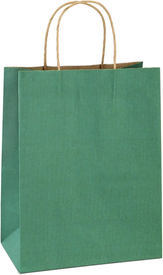 BagDream 25Pcs Gift Bags 8x4.25x10.5 Kraft Paper for Gifts, Shopping Retail Merchandise Grocery Sacks, Green Stripes Paper Bags with Handles Bulk Medium