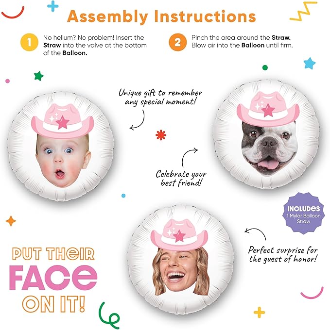 Big Dot of Happiness Personalized Pink Rodeo Cowgirl Fun Face Photo Balloon, Western Bachelorette or Birthday Party Decorations, Custom Double-Sided Circle Mylar, 1 Piece