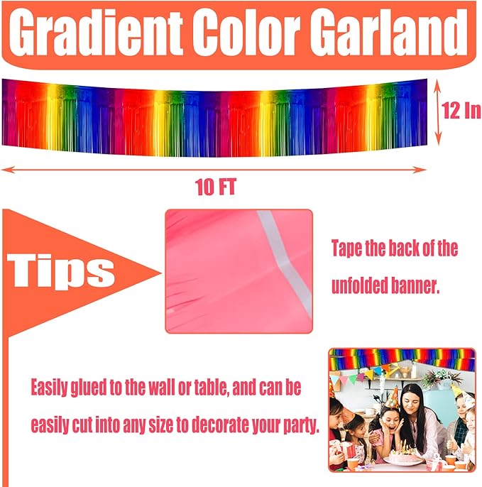 6 Pack 10 Feet Foil Fringe Garland Metallic Tinsel Streamers Banner Wall Hanging Curtain Backdrop for Parade Floats, Bachelorette, Wedding, Birthday, Halloween, Christmas Party Decorations(Rainbow)