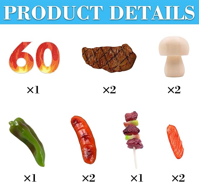 9 PCS BBQ Cake Topper Happy 60 Birthday Barbecue Decorations with Artificial Kebab and Hot Dog for Boys Girls Birthday Party Picnic Camping BBQ Theme Party Supplies