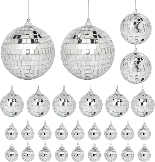 Mini Mirror Disco Ball Ornaments: Hanging Disco Ball Silver Party Decorations Set 28 Pack - Small Mirror Balls Decor for Wedding Christmas Birthday Cake Topper (1.2/1.6/2/2.4 Inch)