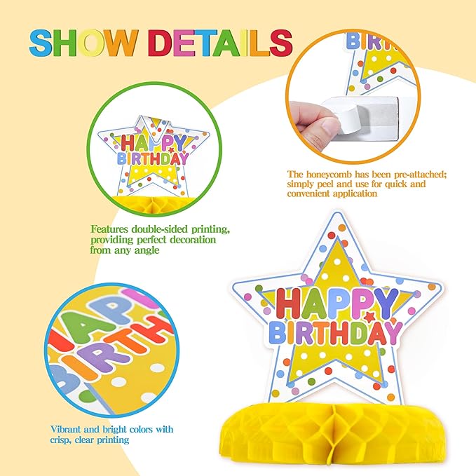 12 Pcs Birthday Table Decorations Colorful Birthday Centerpieces for Tables Happy Birthday Decorations Honeycomb Centerpieces Decor for Kids Happy Birthday Party Supplies