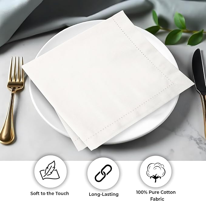 Urban Villa Cloth Napkins Ivory Hemstitch Dinner Napkins Set of 12 20X20 Inches 100% Cotton Absorbent Washable Durable Reusable Ideal for Farmhouse Party Thanksgiving Harvest Fall Dinner Napkins