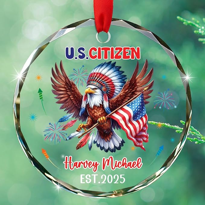 U.S. Citizen Eagle Glass Ornament Gift for Congratulations US Citizenship, Personalized New American Citizen Xmas Ornament 2025, Custom Citizens Decor Ornaments Gift for Immigrants Naturalization