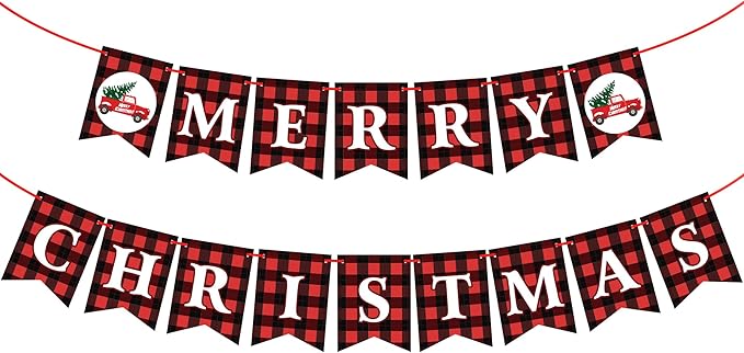 KatchOn, Merry Christmas Banner for Mantle- Large, 10 Feet, No DIY | Red and Black Christmas Fireplace Banner | Buffalo Plaid Christmas Decorations | Merry Christmas Sign | Christmas Party Decorations