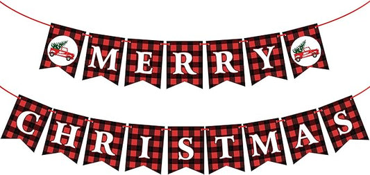 KatchOn, Merry Christmas Banner for Mantle- Large, 10 Feet, No DIY | Red and Black Christmas Fireplace Banner | Buffalo Plaid Christmas Decorations | Merry Christmas Sign | Christmas Party Decorations