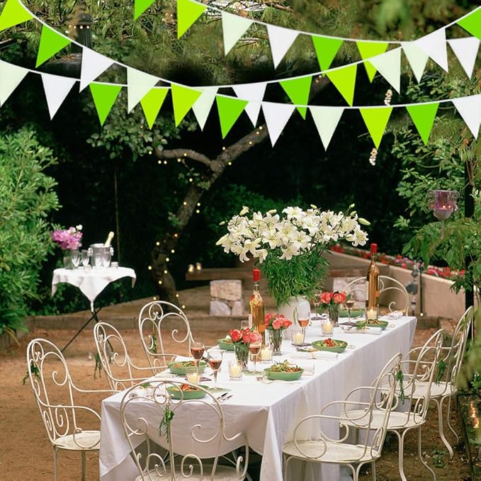 10M/32Ft Green and White Banner Party Decorations Triangle Flag Fabric Banner Cotton Pennant Bunting Garland for Wedding Birthday Home Nursery Outdoor Garden Hanging Festivals Decoration