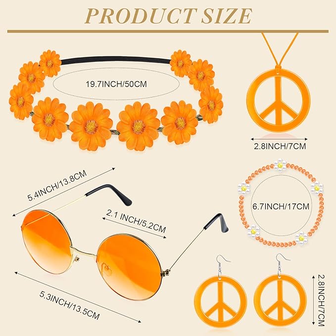 Batiyeer 6 Pcs Hippie Costume Accessories Set, Boho Peace Sign Daisy Flower 60s 70s Party Favors Decor for Groovy Party Women(Orange)