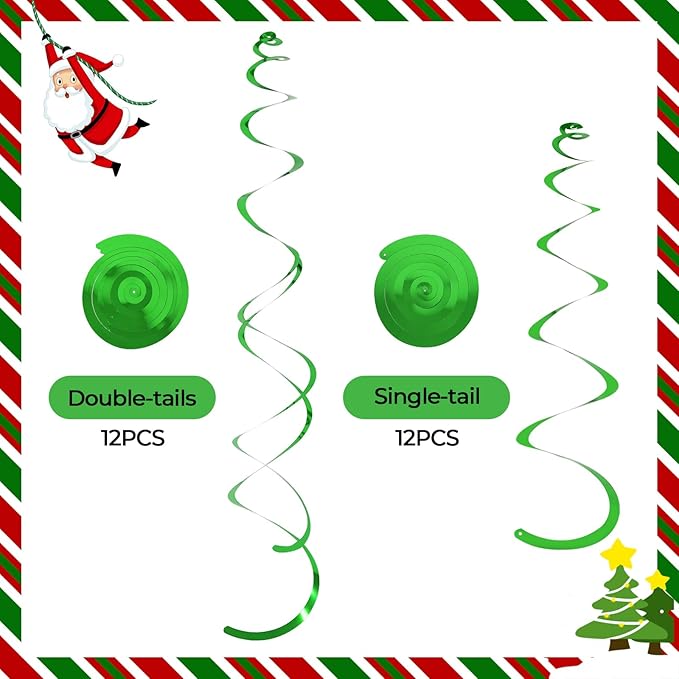 24 PCS Green Hanging Swirl, Sparkle Ceiling Hanging Decorations, Plastic Streamer Party Decorations with Double-Swirls and Single-Swirls for Birthday Decorations, Christmas，Graduation, Baby Shower