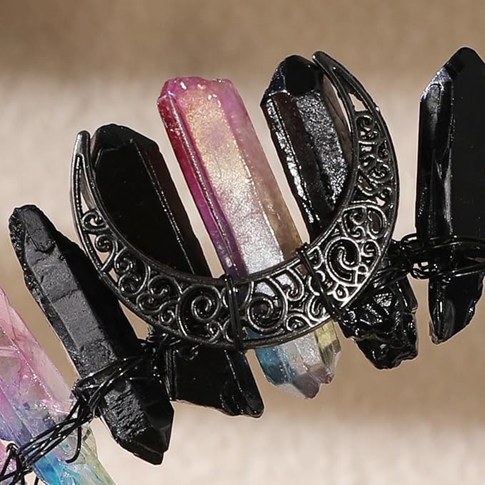 Fairy Crystal Moon Headband for Women - Black and Pink Raw Quartz Witch Tiara Crowns, Fairy Elf Circlet Gothic Queen Headpiece for Wedding Renaissance Cosplay Halloween Headwear