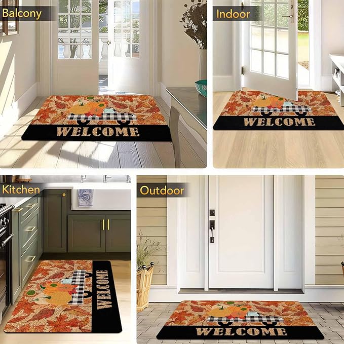 Welcome Fall Truck Door Mat, Vintage Fall Truck Decor for Covered Outdoor Area Pumpkin Welcome Mat for Autumn Halloween Thanksgiving Farmhouse Decor, 24"x16"inch