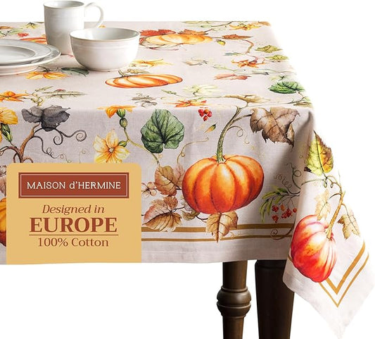 Maison d' Hermine Table Cloth Square Table 100% Cotton 60 x 60 Inches Fall Tablecloth Reusable Everyday Use for Thanksgiving Christmas Decorations Dining Farmhouse Party (Potiron)
