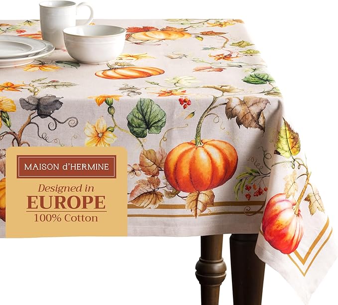 Maison d' Hermine Table Cloth Rectangle Table 100% Cotton 60 x 90 Inches Fall Tablecloth Reusable Everyday Use for Thanksgiving Christmas Decorations Dining Farmhouse Party (Potiron)