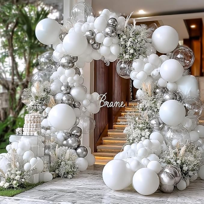 White Silver Balloon Garland Double Stuffed Clear Bobo White Pearl Balloon Arch Kit with Foil Balloons for Christmas New Year Birthday Wedding Baby Shower Anniversary Party Decorations