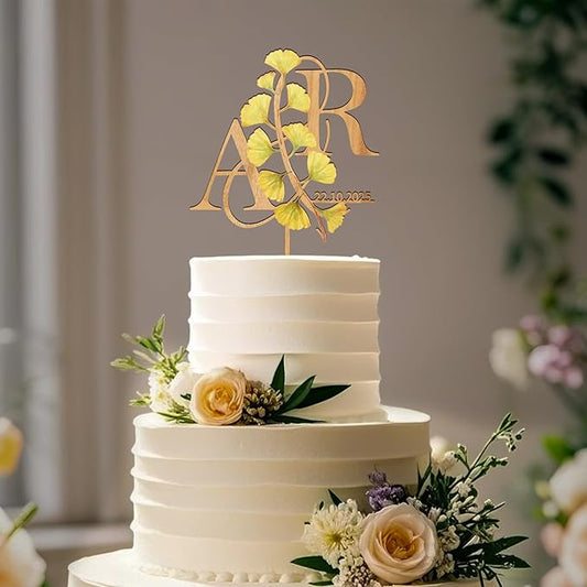 Personalized Fall Wedding Cake Topper in Wood Custom Bride and Groom Initial Cake Topper Wedding Date Cake Decoration (Gingko leaves)