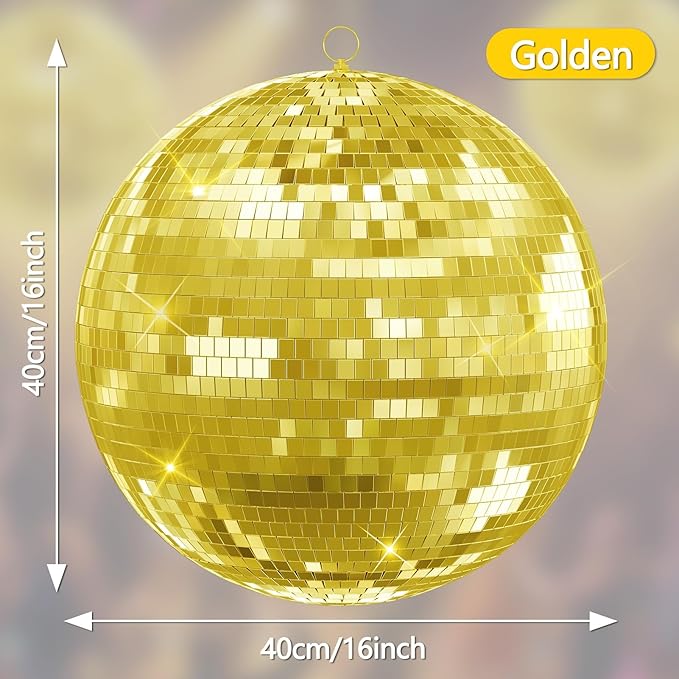 Classic Mirror Ball for Disco, 12"/16"/20" Mirror Disco Ball with Hanging Ring for DJ Club Party Live Wedding Stage Lighting Home Decor Golden 16inch