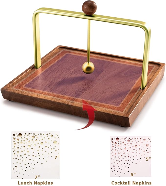 Wood Napkin Holder for Table, Square Tabletop Napkin Dispenser with Sophisticatedly Metal Center Bar, Cocktail Napkin Holder for Home, Kitchen, Office, Restaurant, Hotel, Cafe, Bar