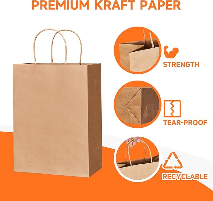 METAPRINT Brown Paper Gift Bags with Handles in Bulk, 100pcs Kraft Paper Bags 8x4.5x10.8 inch, Recyclable Shopping Bags for Retail, Grocery, Party Favors, Wedding