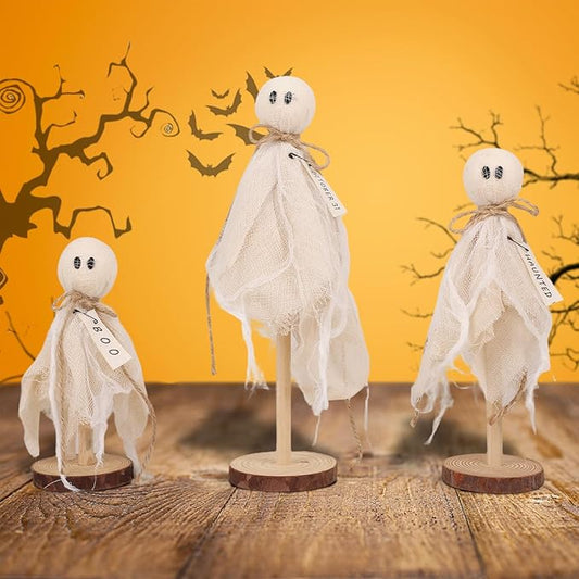 3 Set of Primitive Ghosts on Wooden Stand Halloween Decorations Indoor for Table Centerpieces Tiered Trays Shelves Mantels Home Halloween Décor