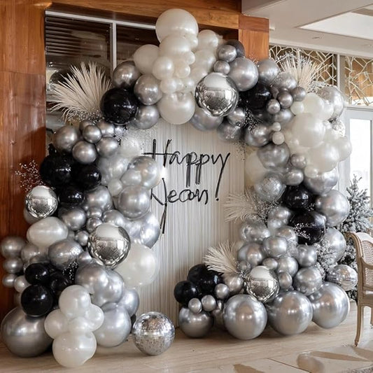 Black White Balloon Garland Arch Double Stuffed Pearl White Black Silver Balloons Different Size Balloons Set for Christmas New Year Birthday Anniversary Wedding Halloween Party Decorations